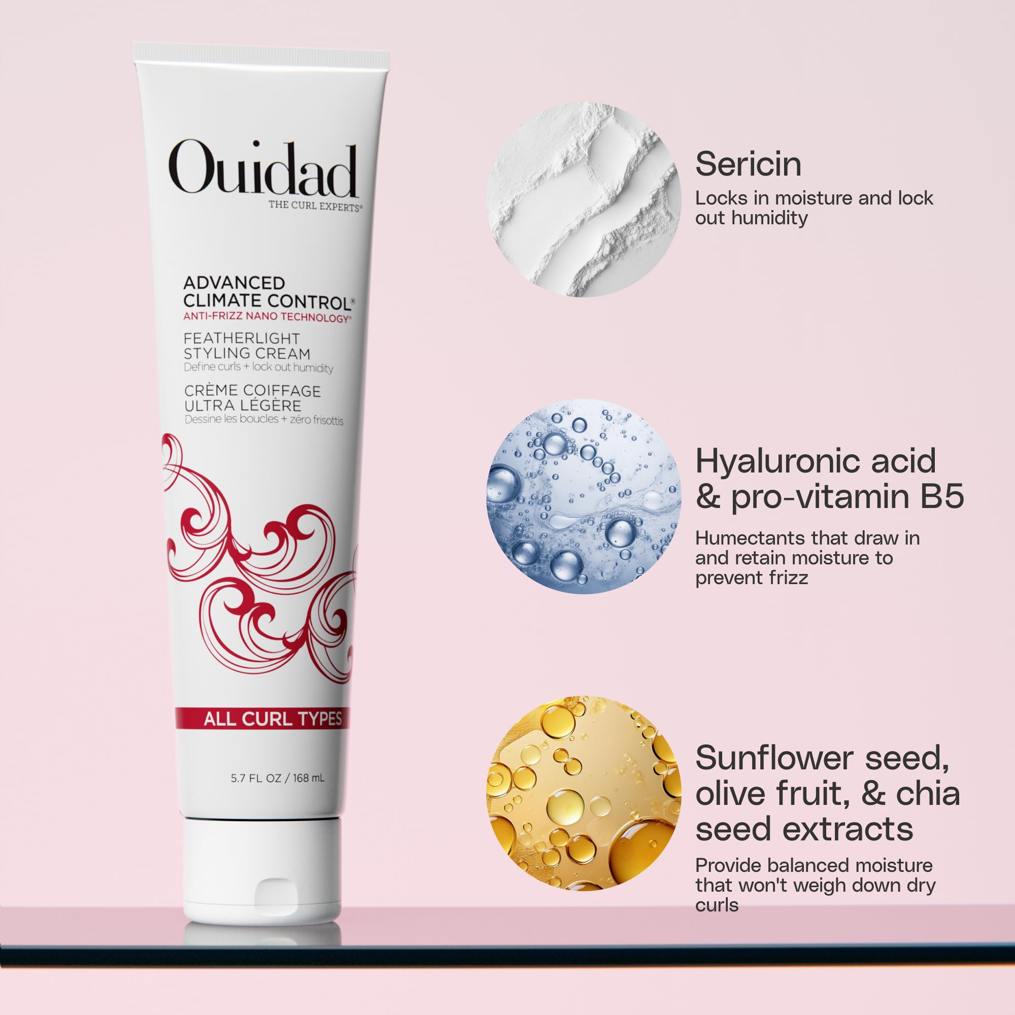 Ouidad Advanced Climate Control cream dispensing close-up highlighting easy application.
