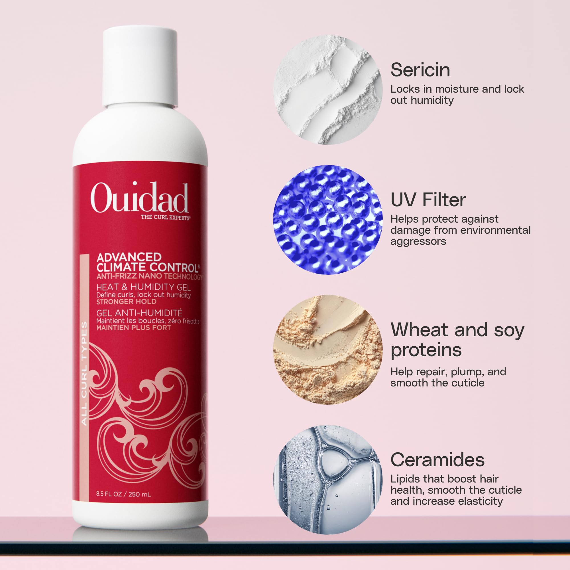 Ouidad anti-frizz nano-sericin technology image highlighting humidity defense for curls