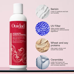Ouidad anti-frizz nano-sericin technology image highlighting humidity defense for curls