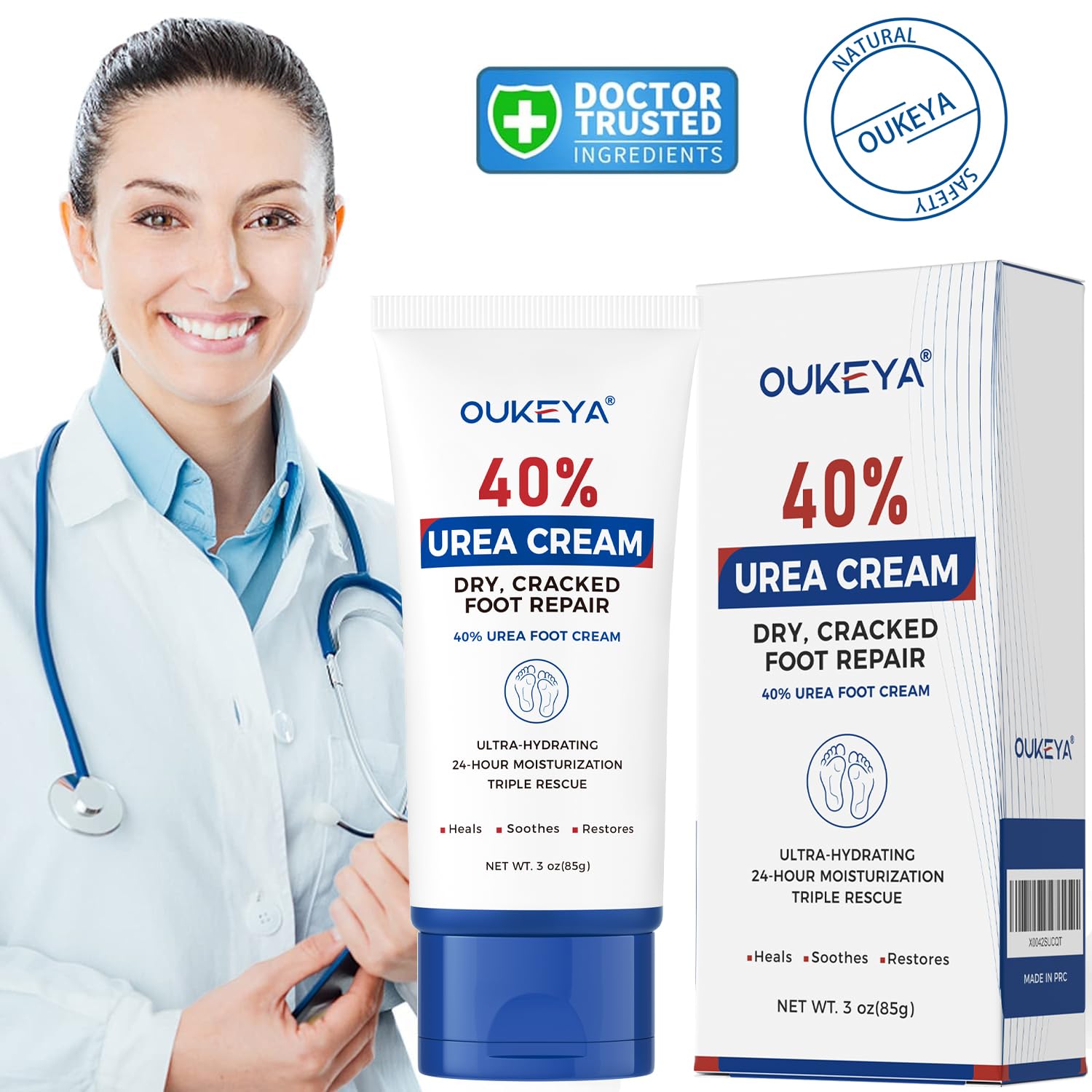 OUKEYA Urea Cream 40% tube feet close-up highlighting soft heels