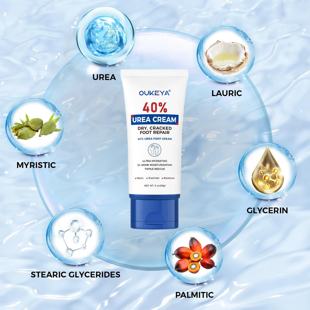 OUKEYA Urea Cream 40% tube hands close-up showing smoothing effects