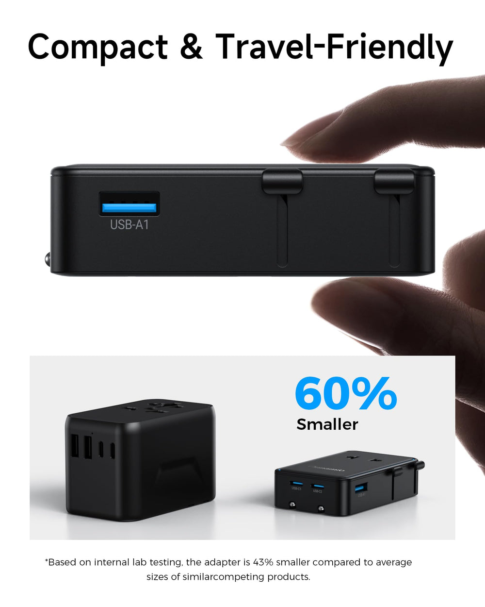 Ounamio universal adapter supports international plug types for global use.
