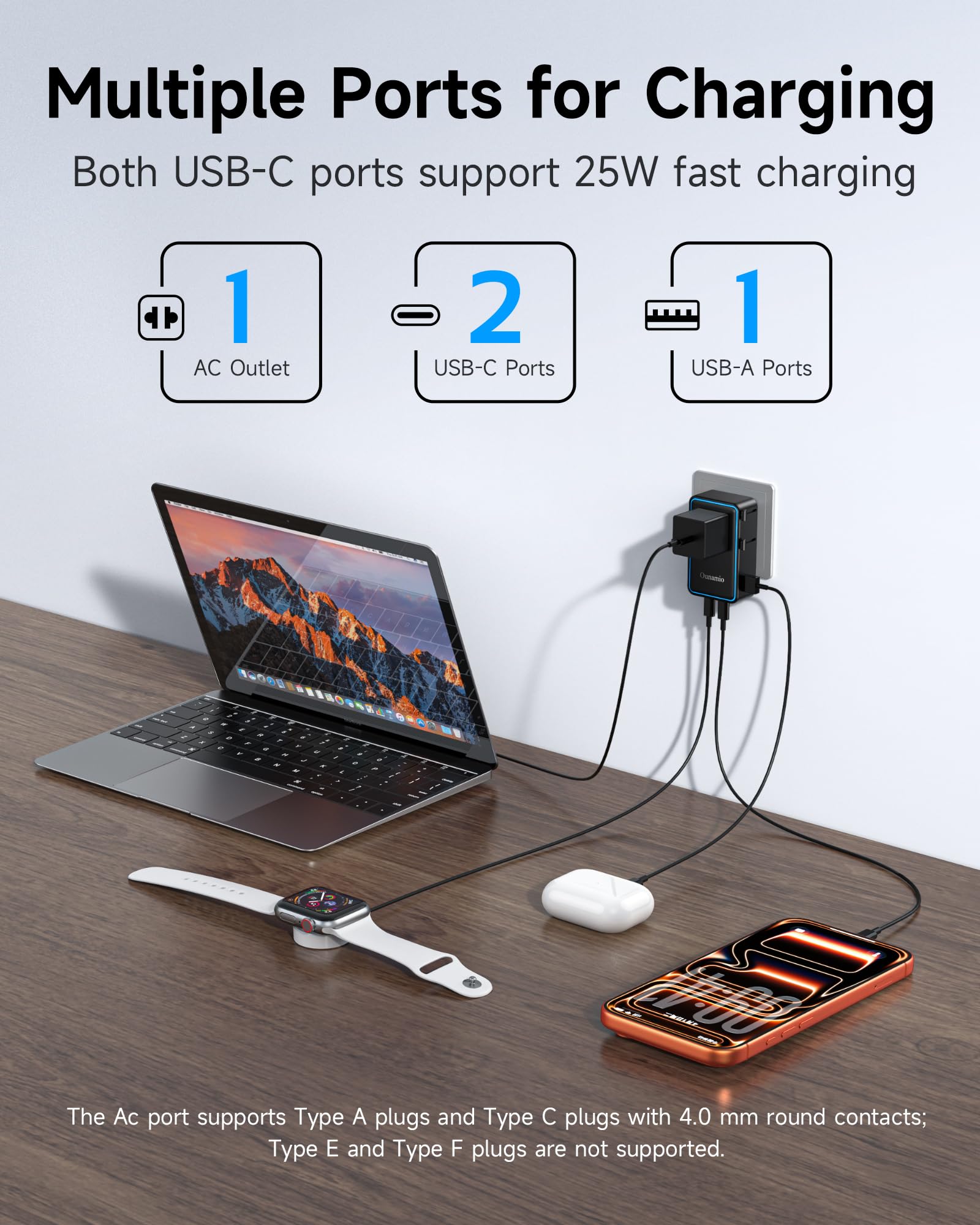 Ounamio ultra-compact travel adapter fits easily in luggage or pocket.