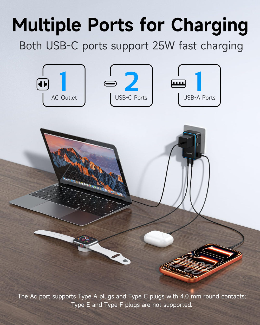 Ounamio ultra-compact travel adapter fits easily in luggage or pocket.