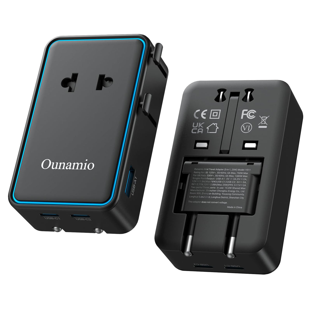 Ounamio universal travel adapter with compact design and 200+ country compatibility.