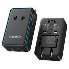 Ounamio universal travel adapter with compact design and 200+ country compatibility.