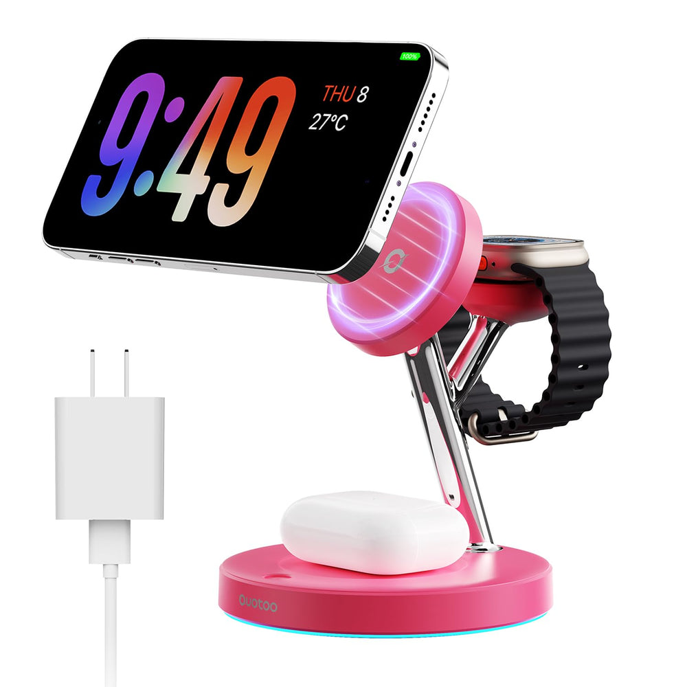 Ouotoo 3-in-1 MagSafe charging stand with precise magnetic alignment for quick wireless charging.