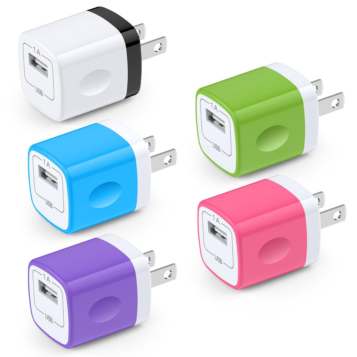 Ououdee charging block 5-pack, compact USB adapter for smartphones.