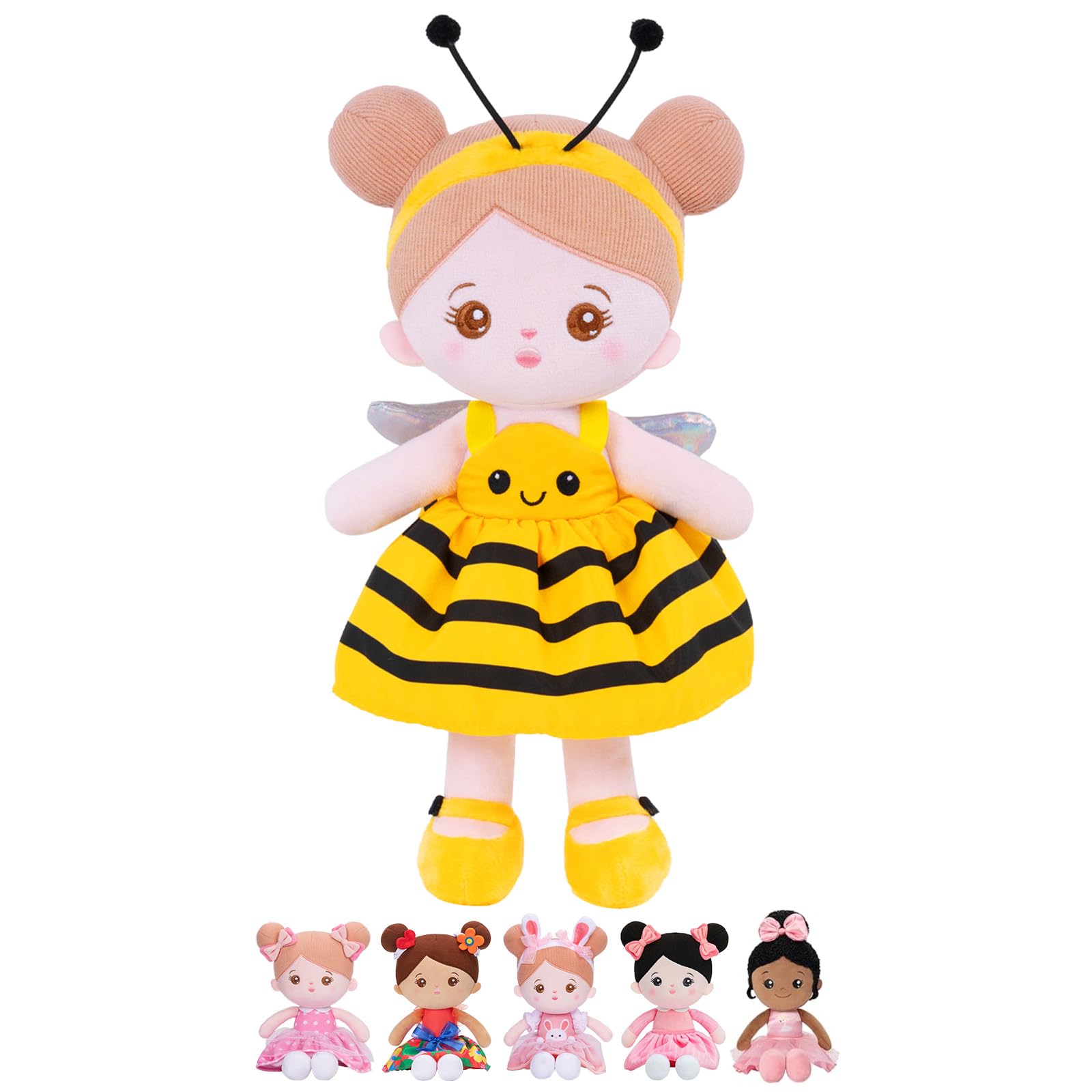 OUOZZZ 12.6-inch soft baby doll in yellow bee dress for gentle, imaginative play.