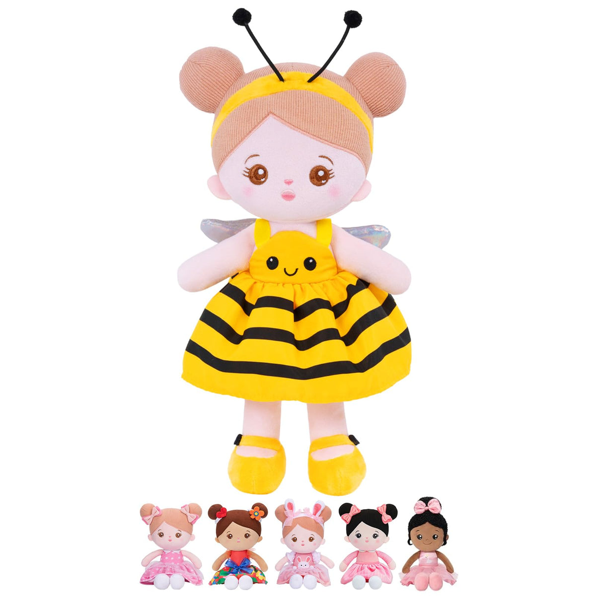 OUOZZZ 12.6-inch soft baby doll in yellow bee dress for gentle, imaginative play.