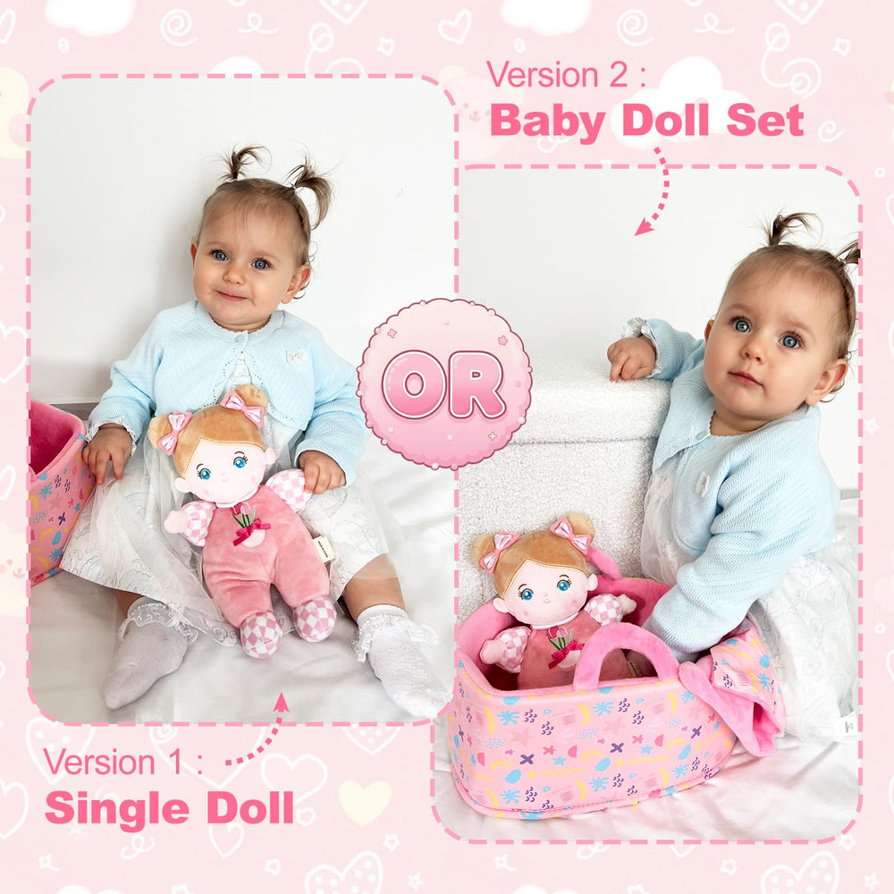 OUOZZZ 10-inch Tulip Pink doll acts as a gentle snuggle companion on car rides.