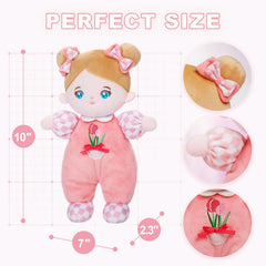 OUOZZZ 10-inch doll ultra-soft fabric close-up highlights comforting hugs for nap-time.