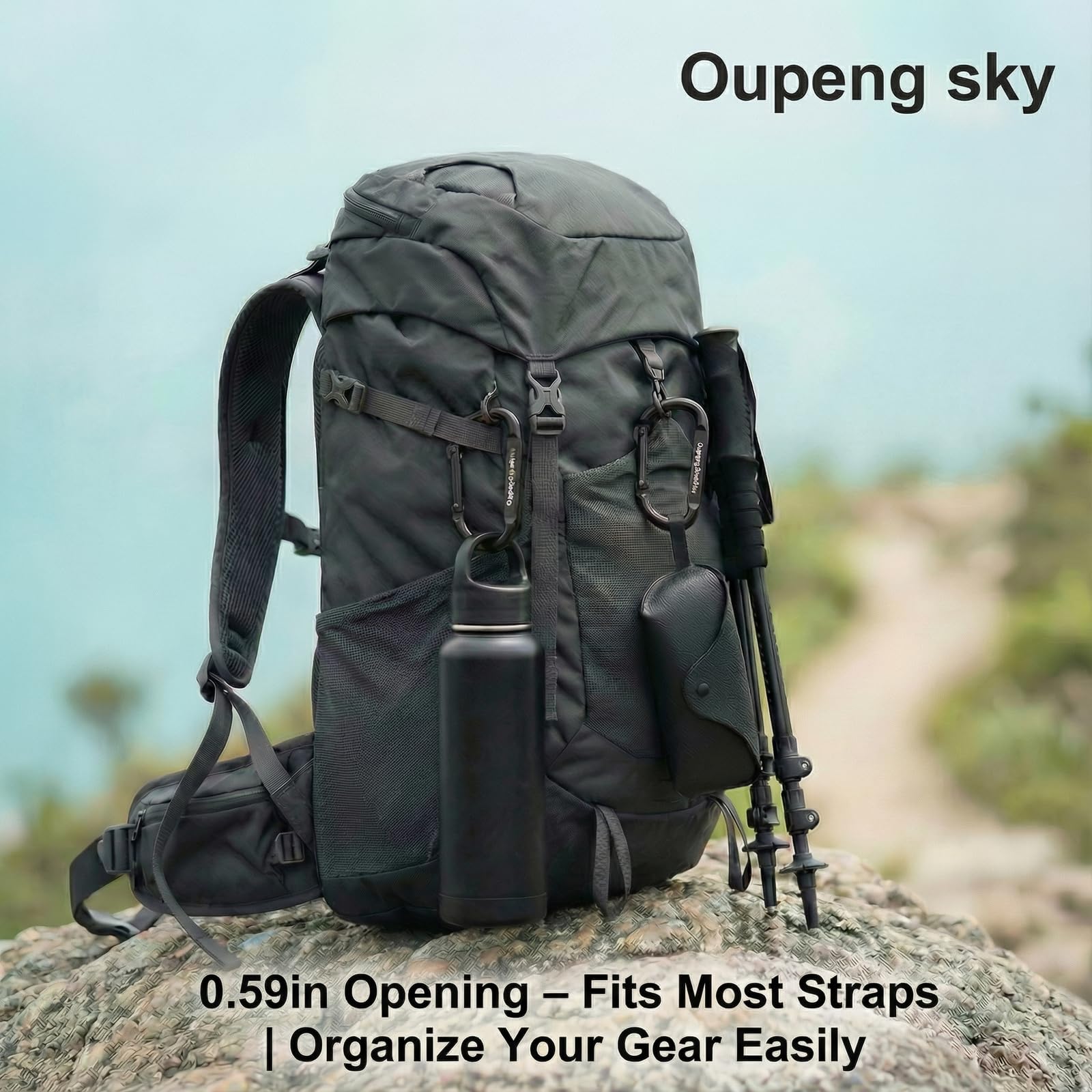 Oupeng Sky compact 2.5 inch carabiner attached to a backpack.
