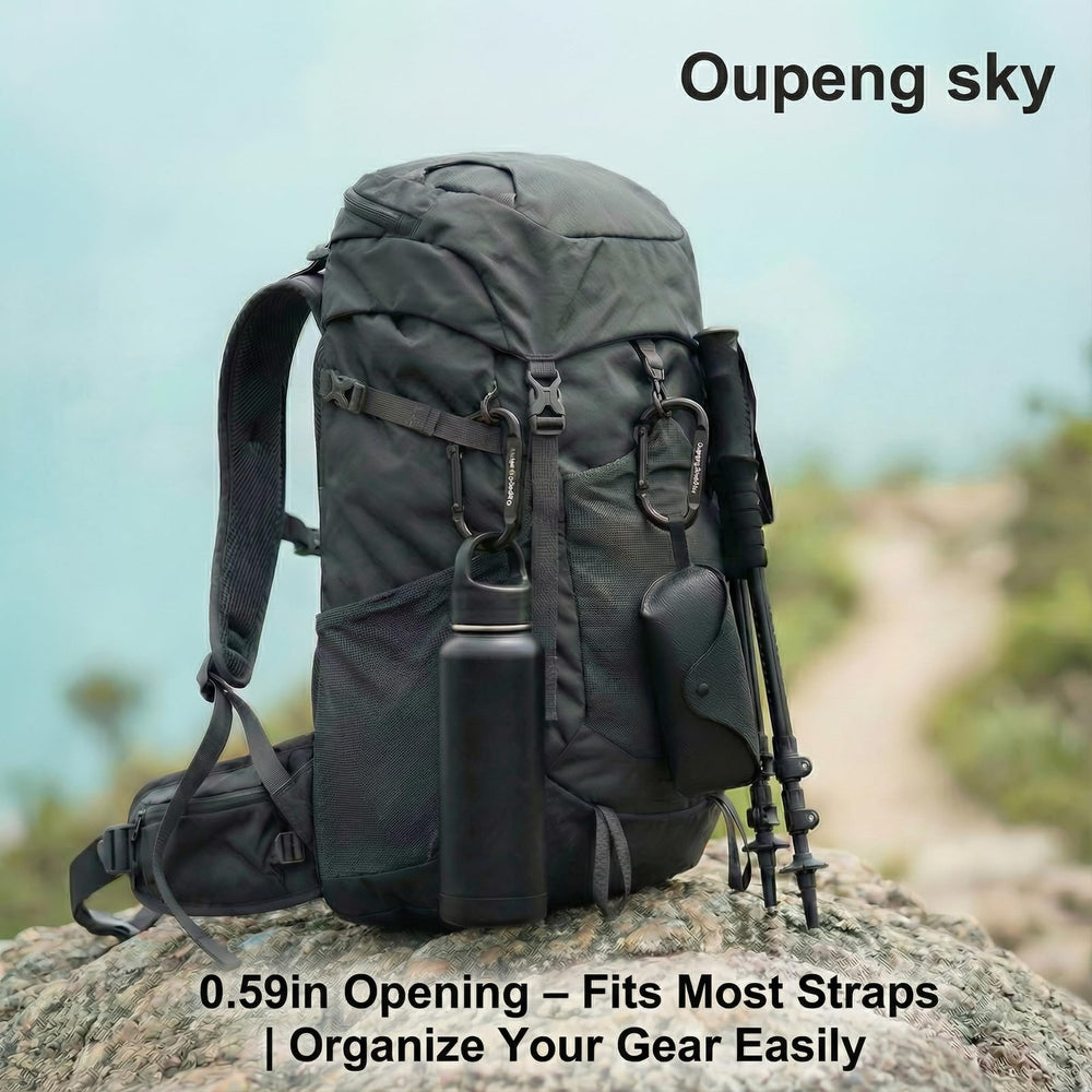 Oupeng Sky compact 2.5 inch carabiner attached to a backpack.