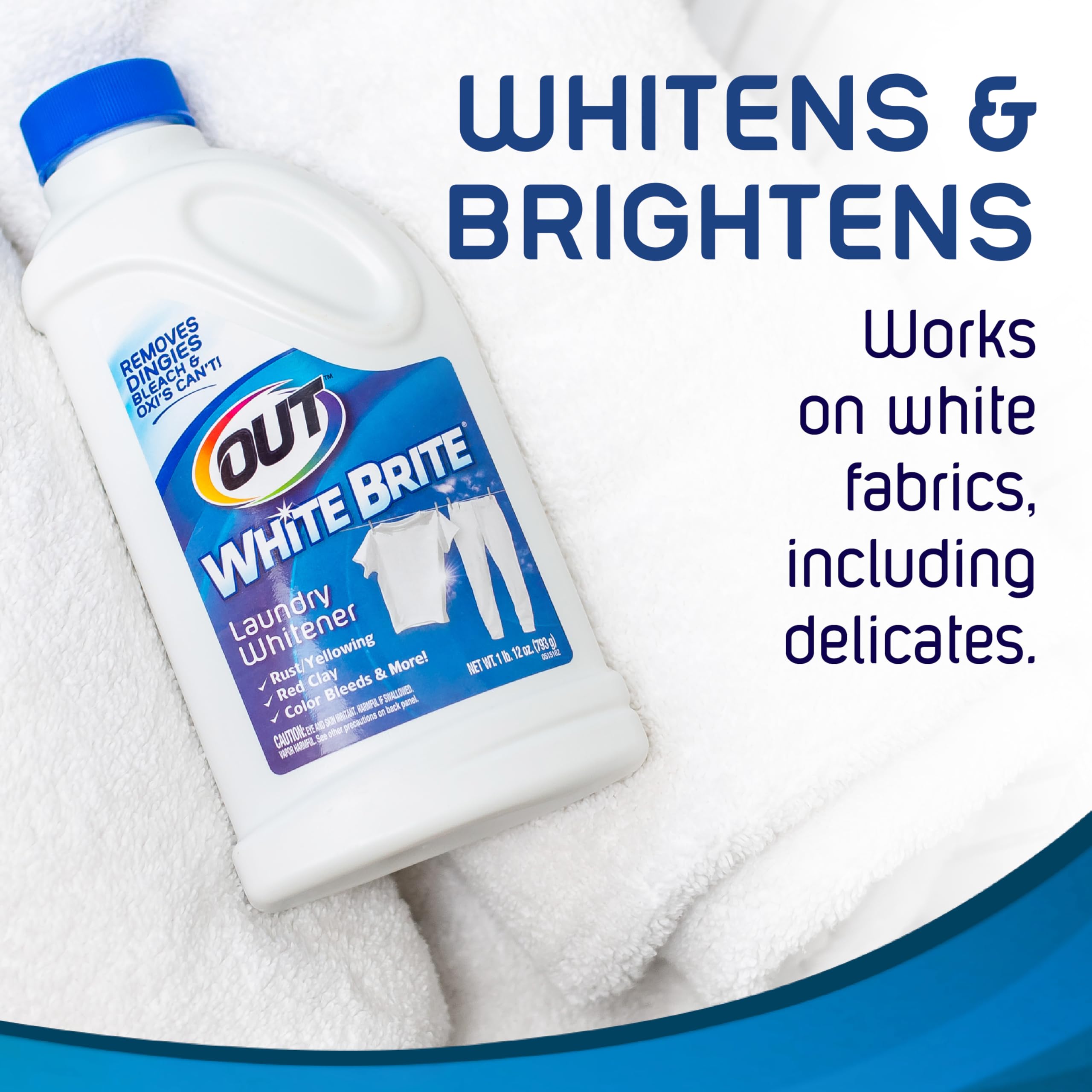 OUT White Brite label with usage directions, safe for HE washers
