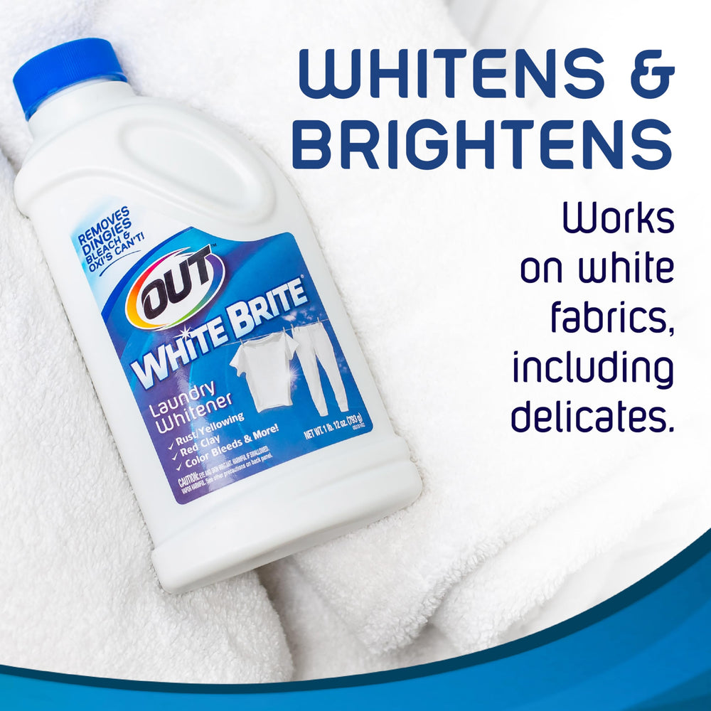 OUT White Brite label with usage directions, safe for HE washers