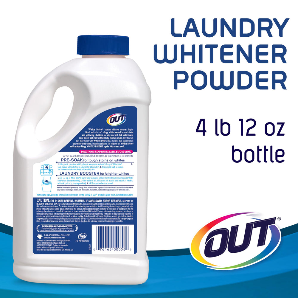 Close-up of OUT White Brite powder, mineral-based stain remover