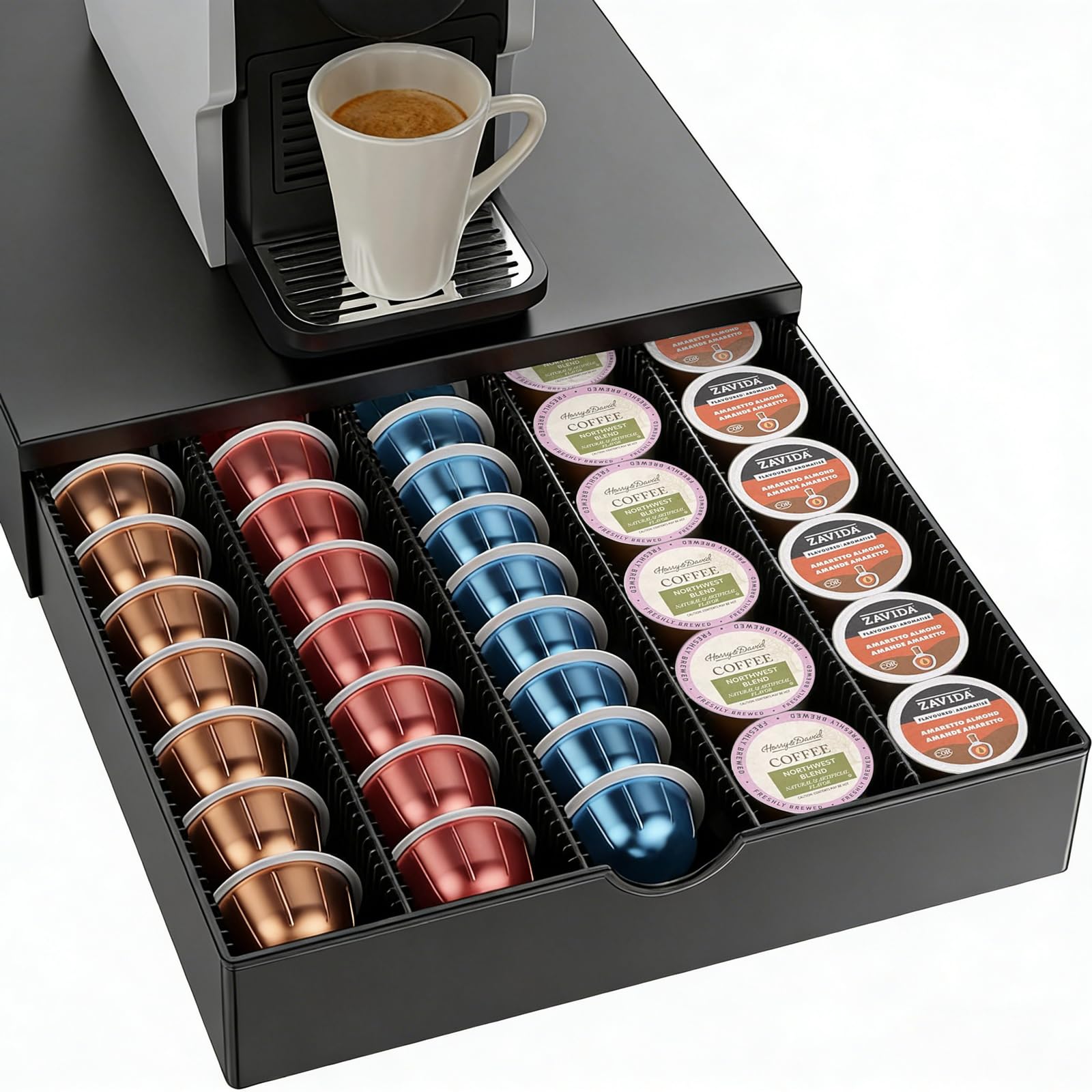 OUTIOE Pod Drawer under machine stores Vertuo pods neatly for easy access.