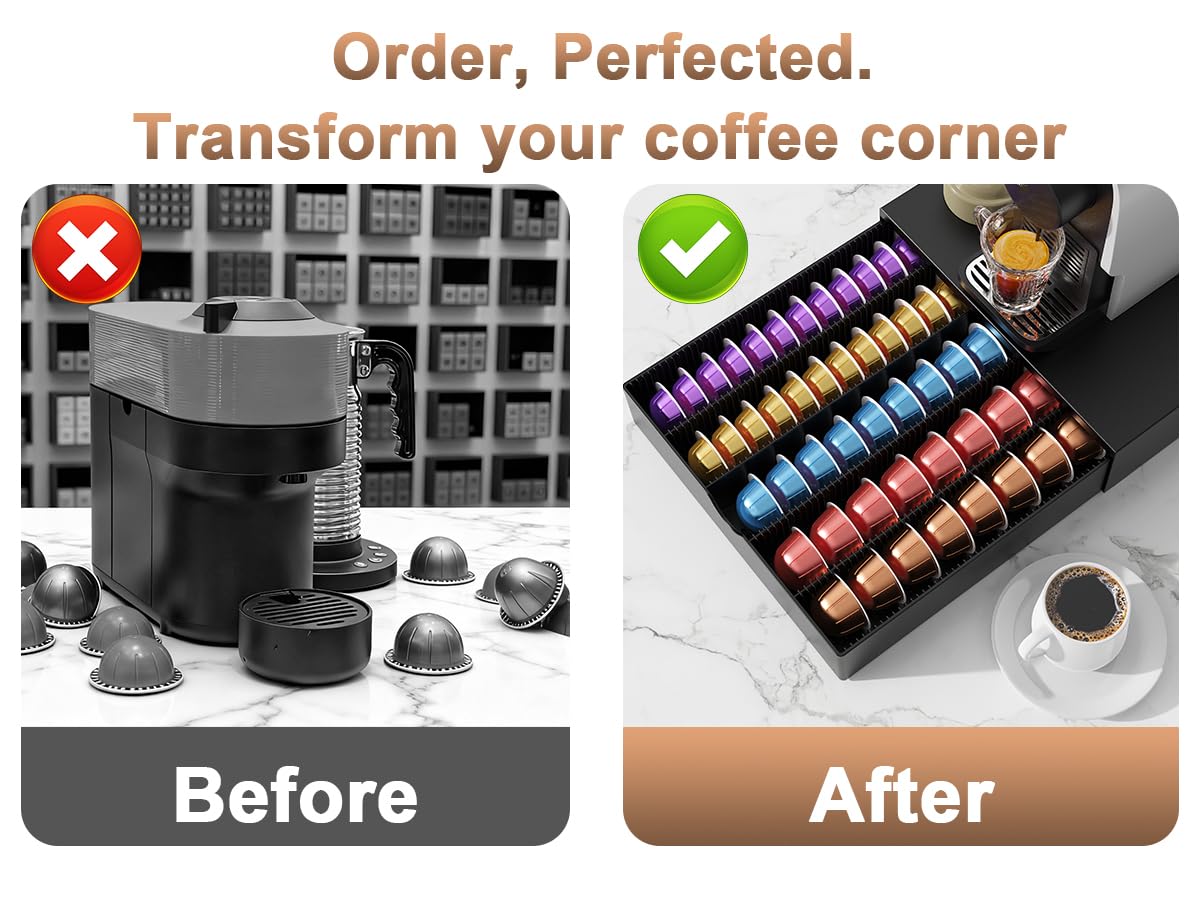 OUTIOE drawer filled with Vertuo and K-Cups, neatly organized.