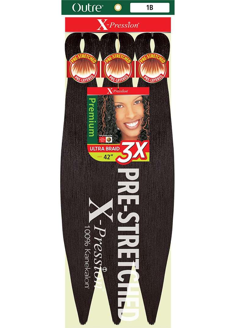 Outre X-Pression Braid 42 front-pack view shows pack-ready texture for quick installs