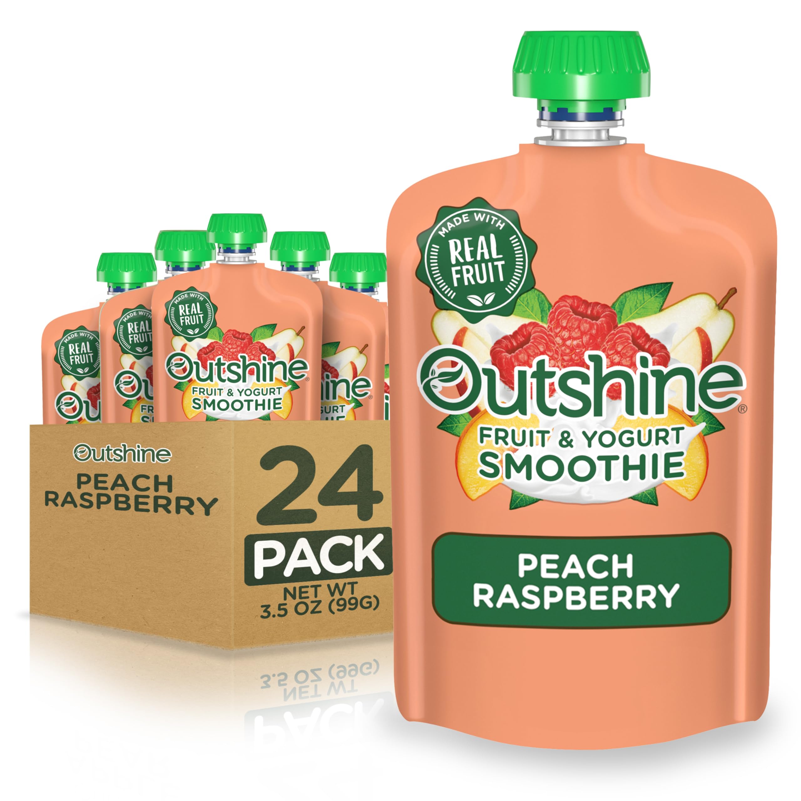 Outshine Smoothie Raspberry Peach pouch front view ideal for a quick grab-and-go snack.