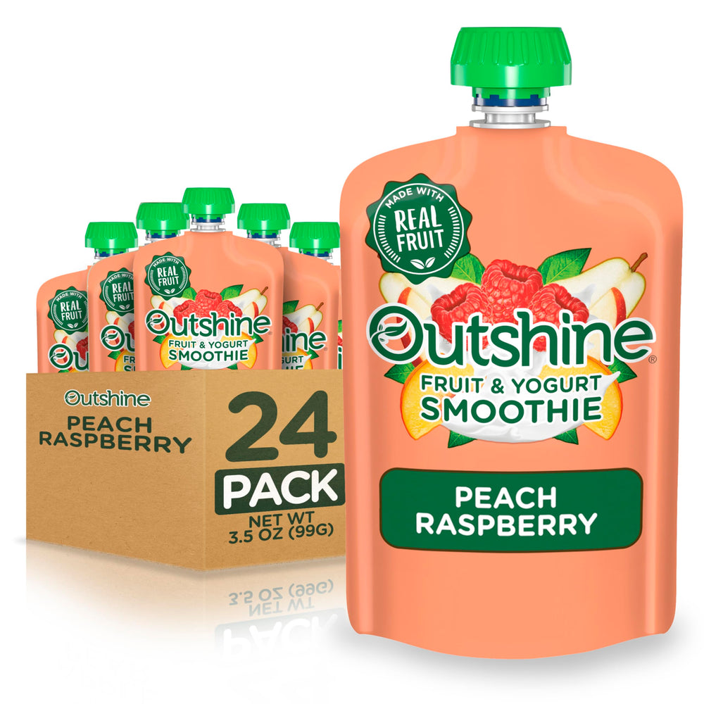 Outshine Smoothie Raspberry Peach pouch front view ideal for a quick grab-and-go snack.