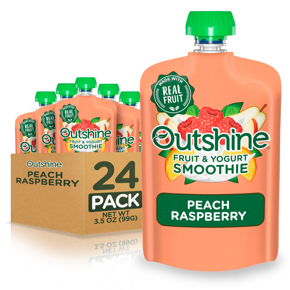Outshine Smoothie Raspberry Peach pouch front view ideal for a quick grab-and-go snack.