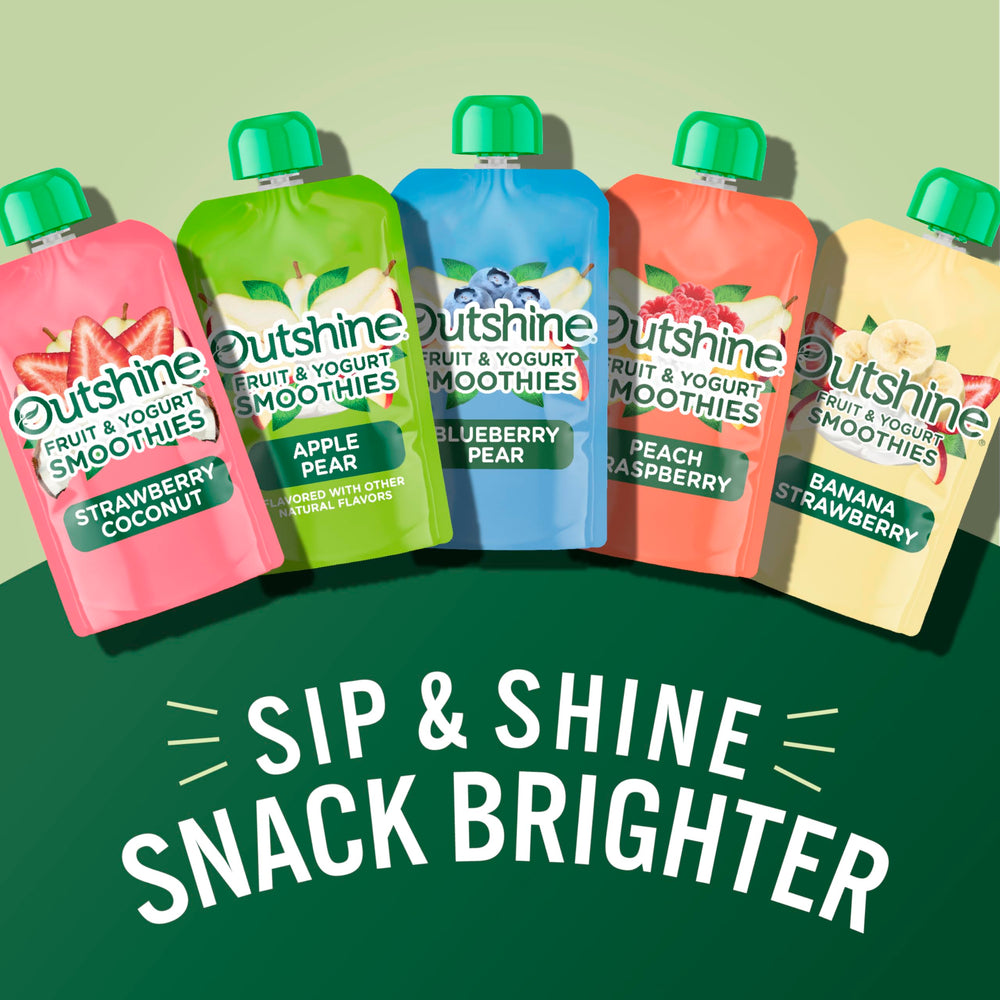 Outshine Smoothie Raspberry Peach pouch close-up of bright label and real fruit ingredients.