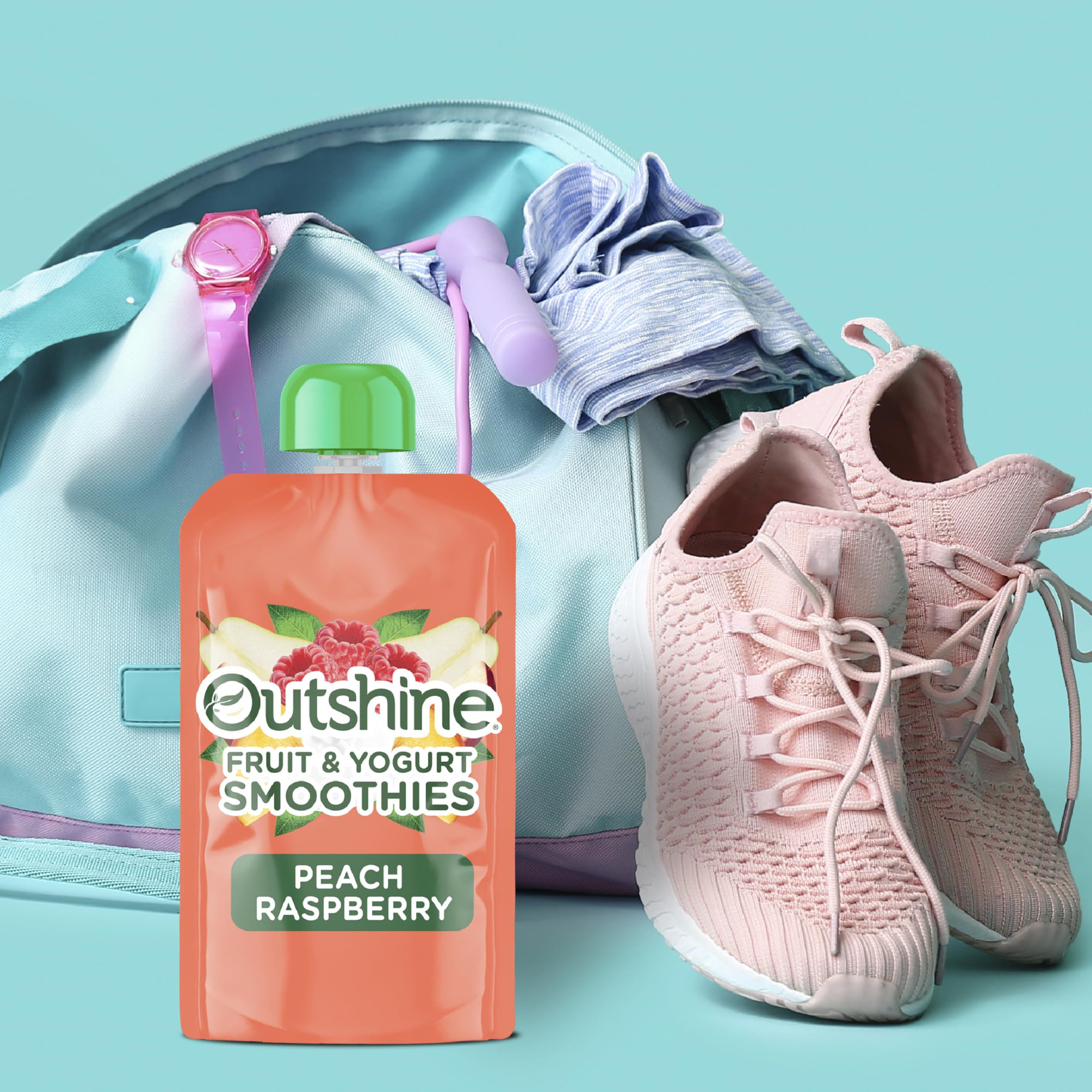 Outshine Smoothie Raspberry Peach pouch being poured into a glass for a refreshing sip.