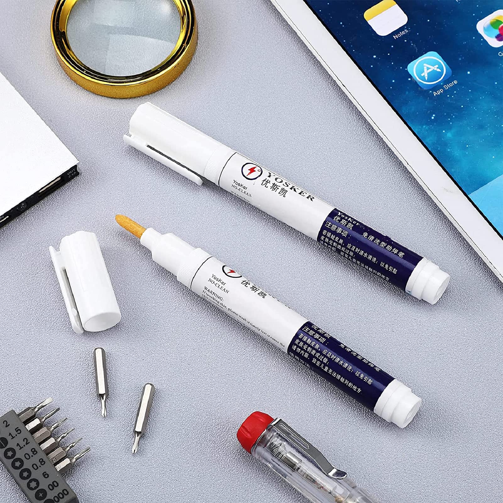 Outus quick-start guide image showing setup for no-clean soldering pen use.