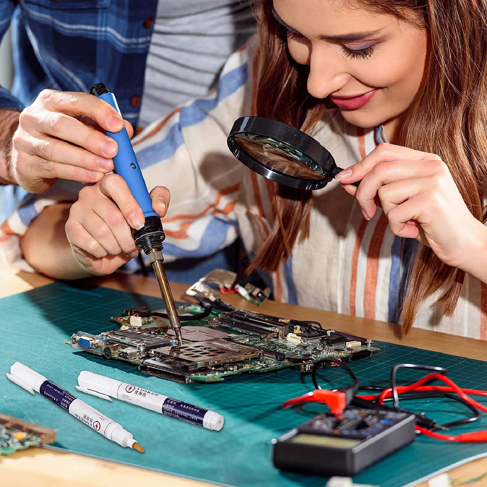 Outus safe no-residue soldering pen minimizing cleanup after soldering tasks.