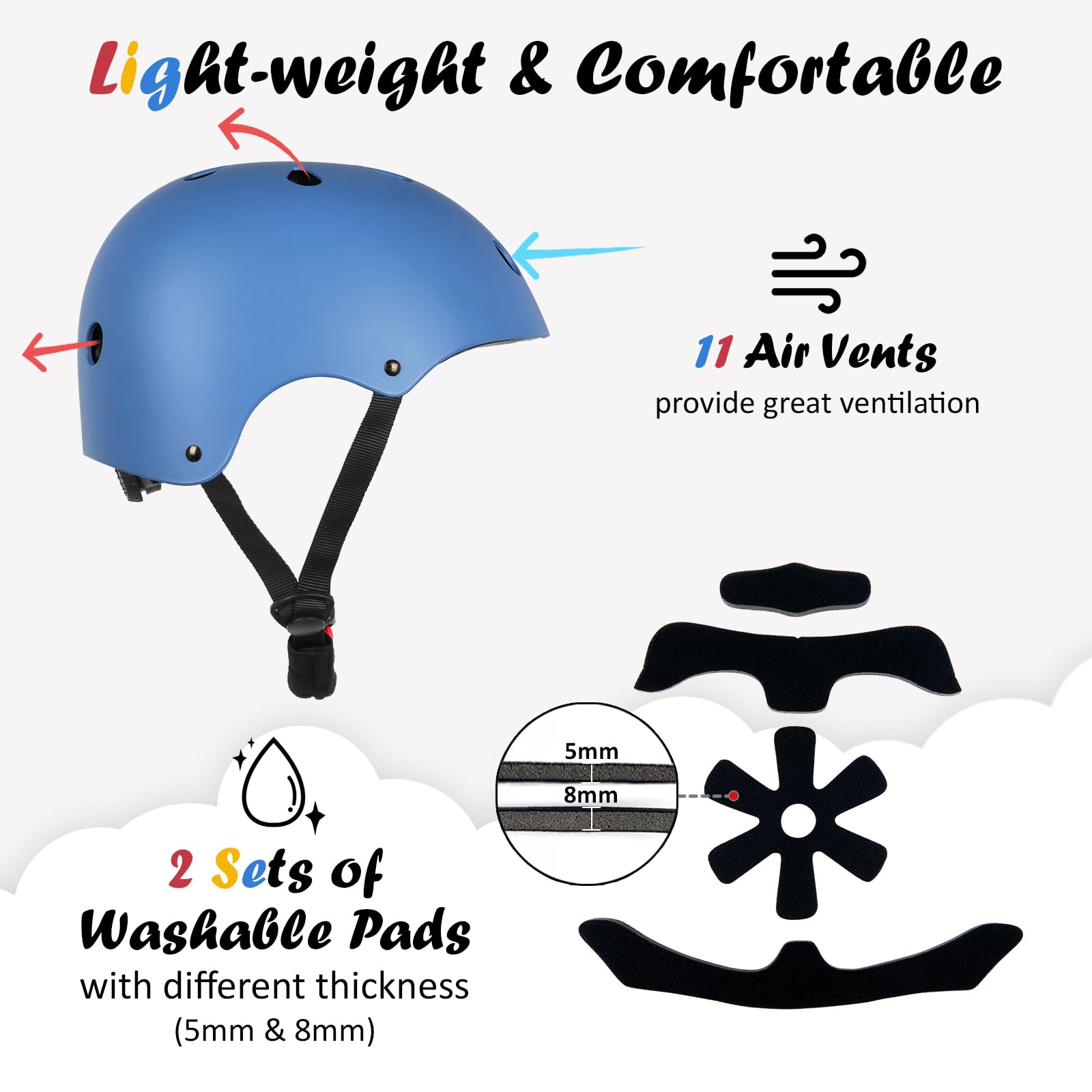 OUWOER Kids Bike Helmet blue size guide supports quick setup