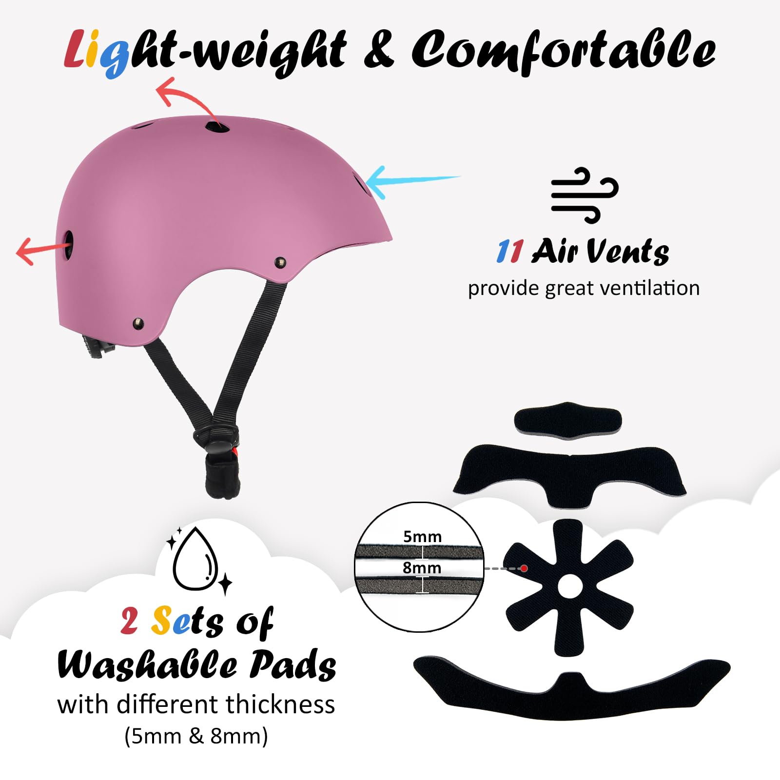 OUWOER pink helmet with length-adjustable chin straps for secure wear