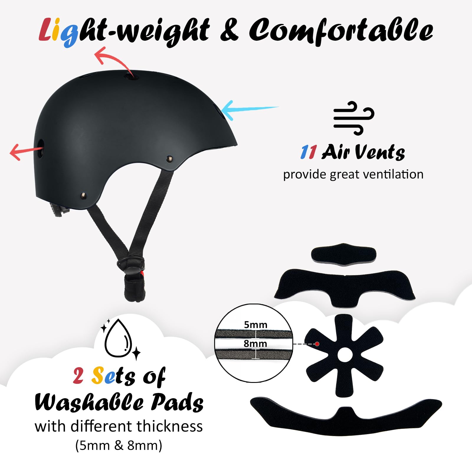 OUWOER kids bike helmet chin straps ensure secure, comfortable wear on active days.