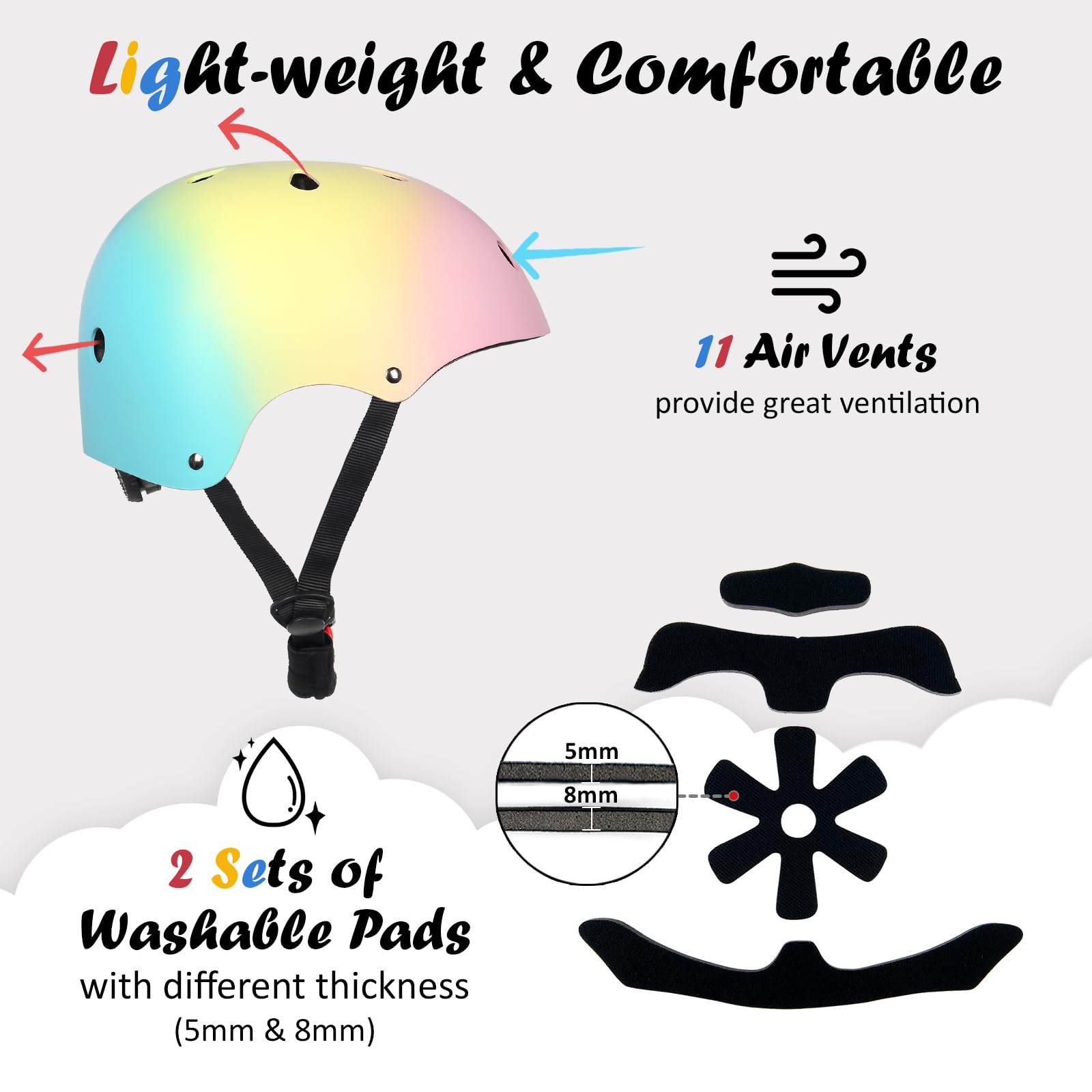 OUWOER Kids Bike Helmet color pink yellow blue offers style and visibility.