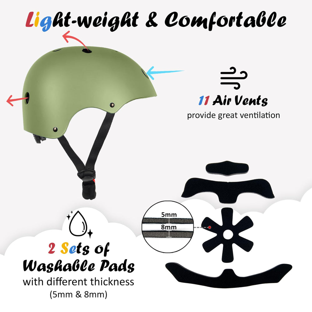 OUWOER Kids Bike Helmet Olive, adjustment dial closeup, easy size changes