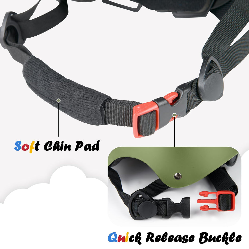 OUWOER Kids Bike Helmet Olive, chin strap closeup, secure fit for safety-conscious families