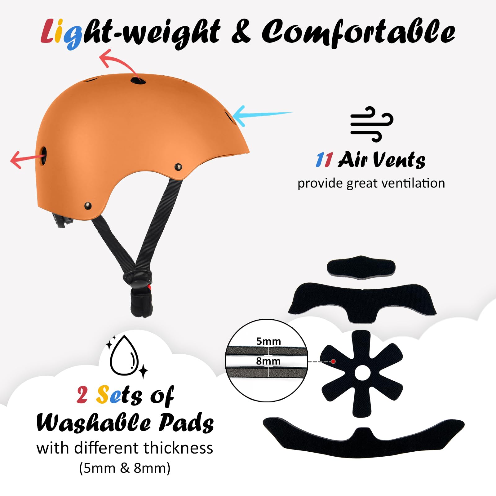 OUWOER Kids Bike Helmet with 11 vents for airflow during outdoor play.
