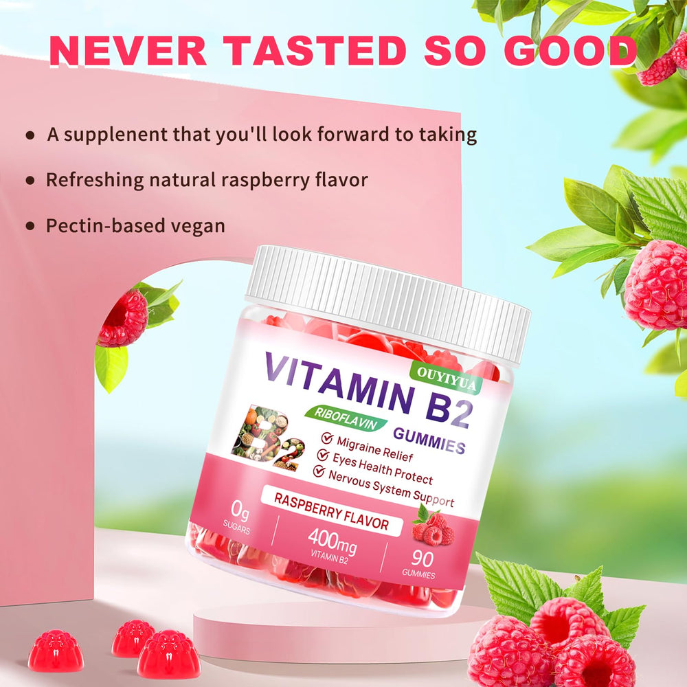 OUYIYUA B2 Gummies raspberry close-up emphasizes delicious flavor to support daily adherence.