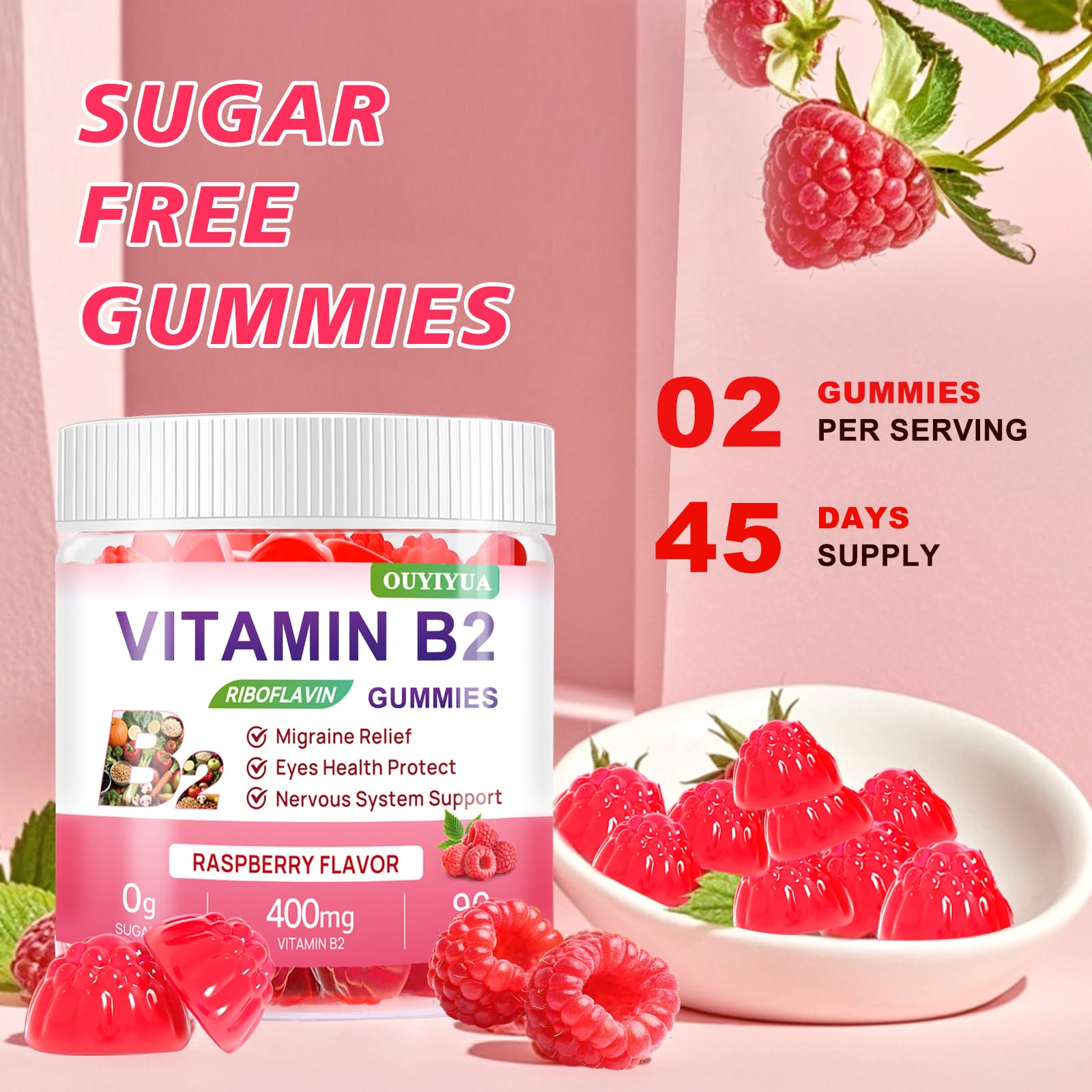 OUYIYUA B2 Gummies vegan-friendly label demonstrates plant-based, sugar-free supplementation.
