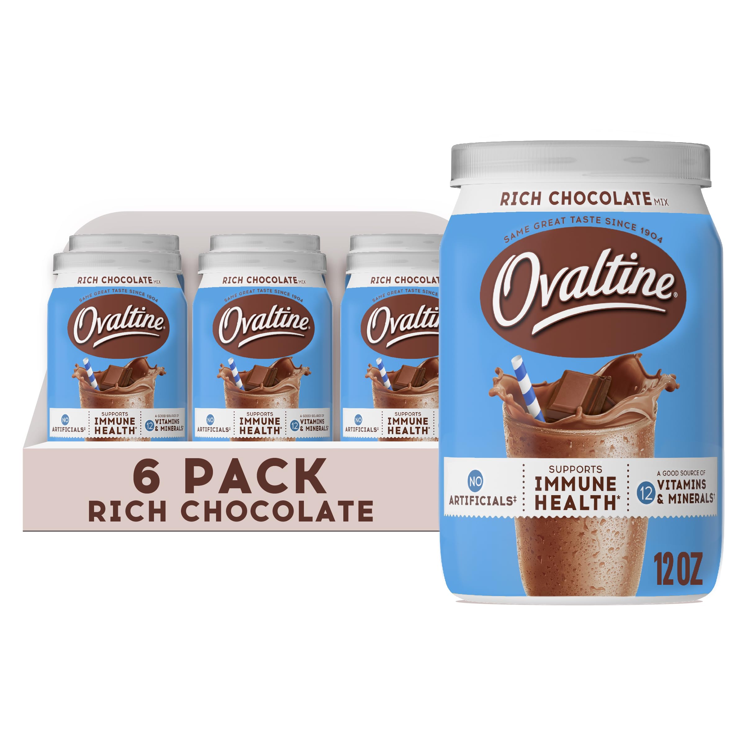 Ovaltine Rich Chocolate 12oz tub front view for quick breakfast shakes.