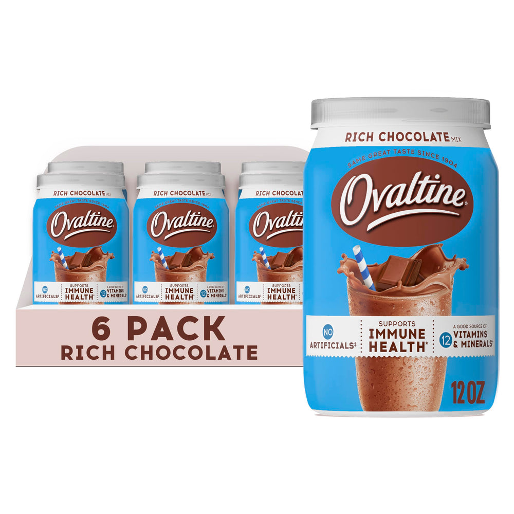 Ovaltine Rich Chocolate 12oz tub front view for quick breakfast shakes.