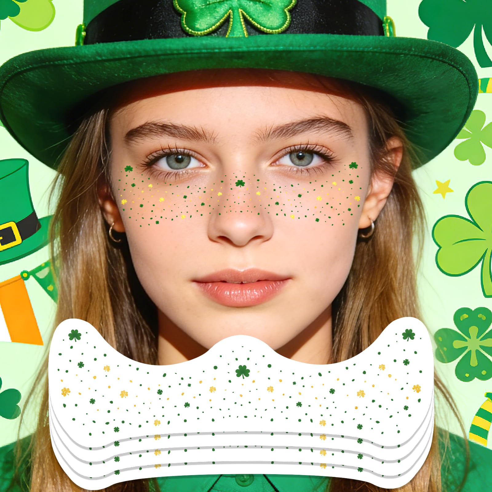 Ovasorve shamrock freckle tattoo with metallic gold and green shimmer for a bold festival look.