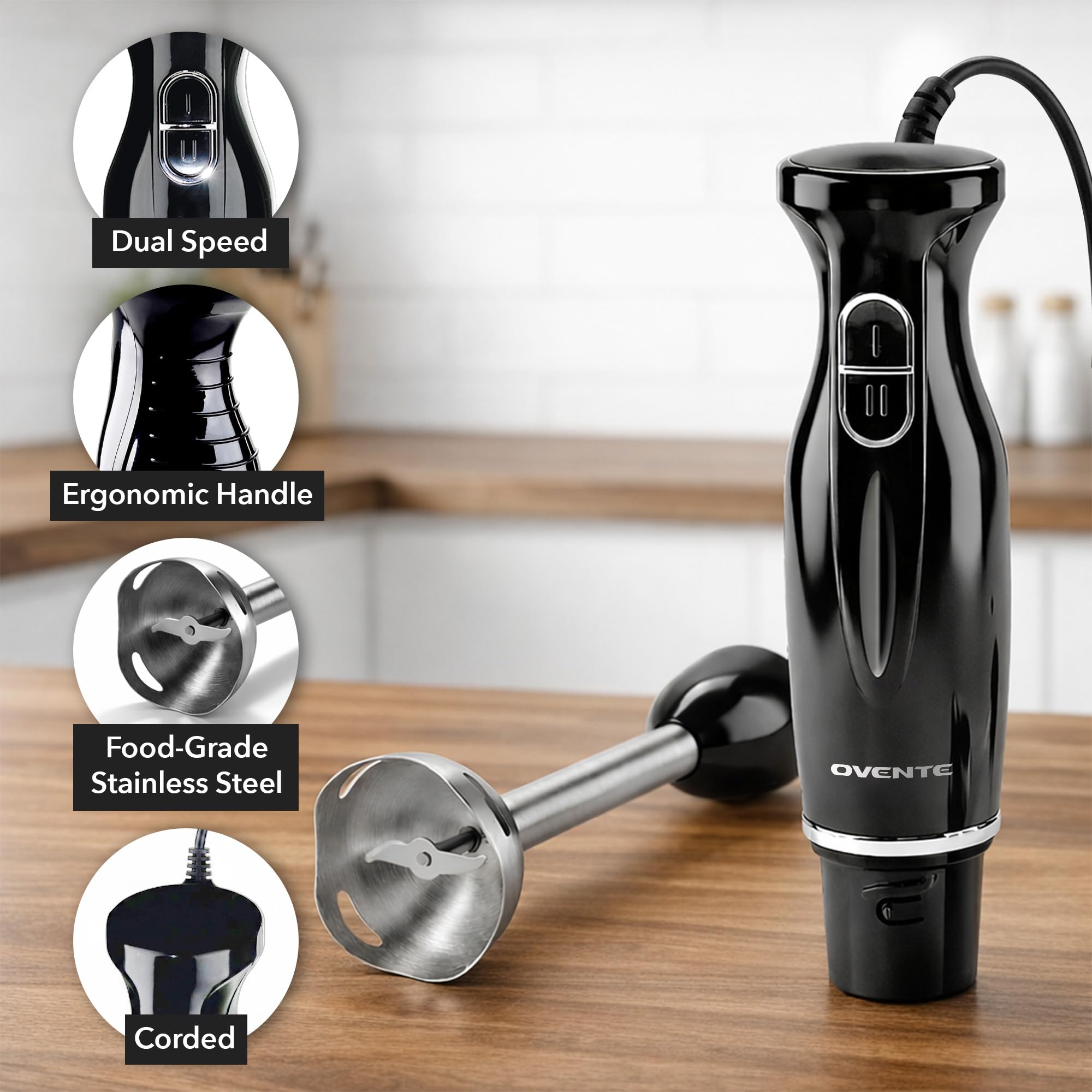 OVENTE immersion blender with stainless steel blades delivers smooth purees