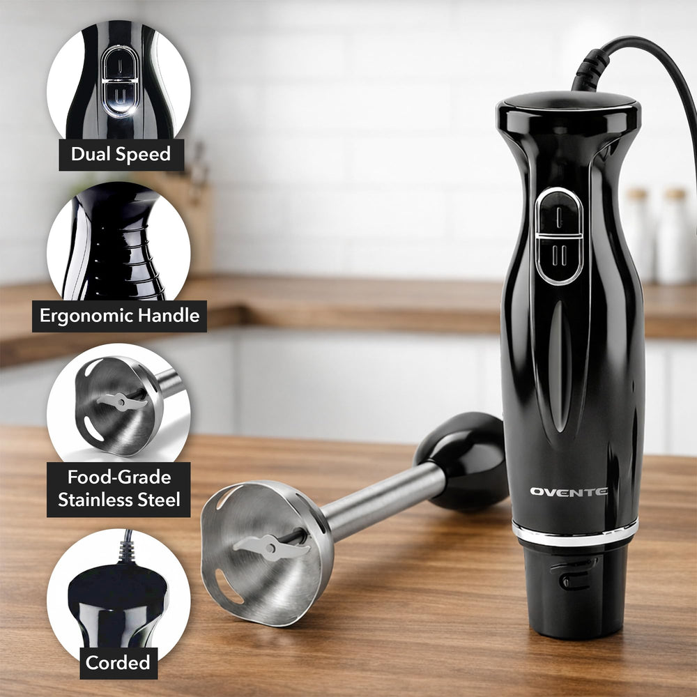 OVENTE immersion blender with stainless steel blades delivers smooth purees