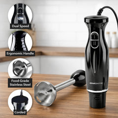 OVENTE immersion blender with stainless steel blades delivers smooth purees