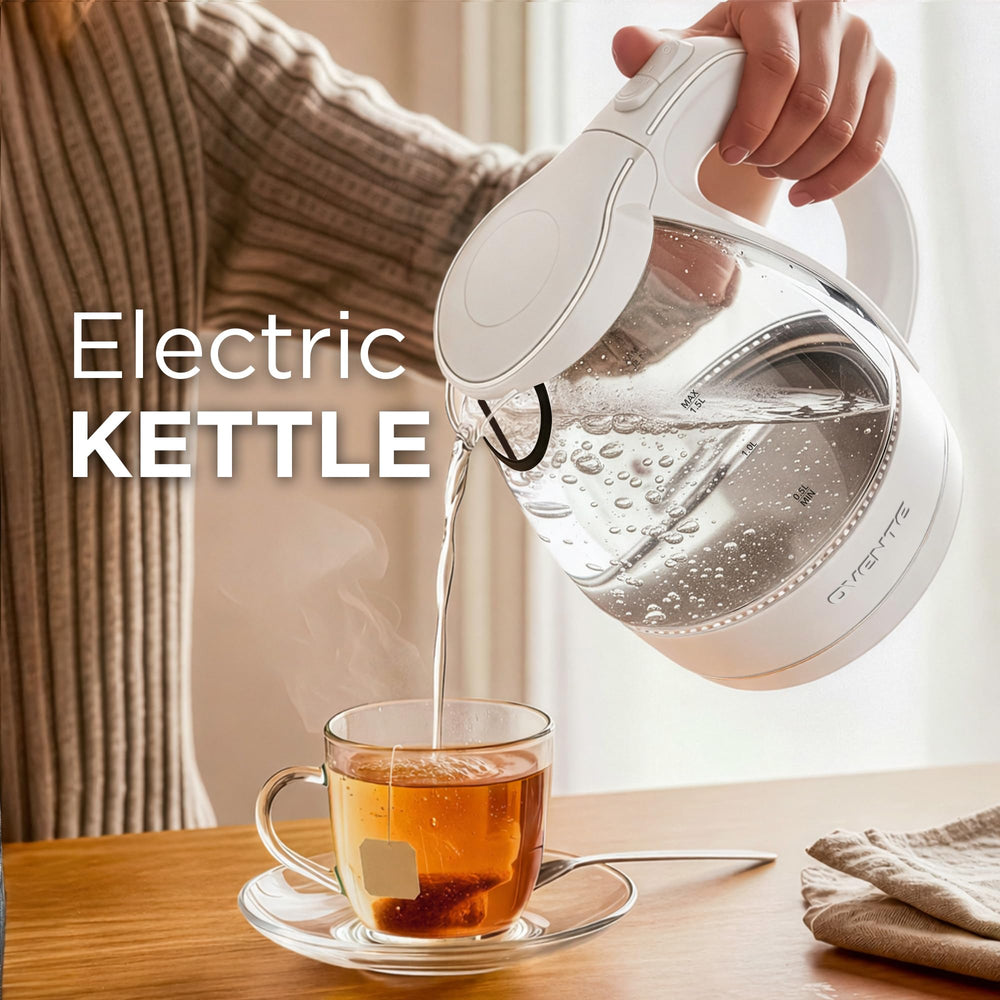 OVENTE KG83W 360-degree base with cord storage for tidy counters.