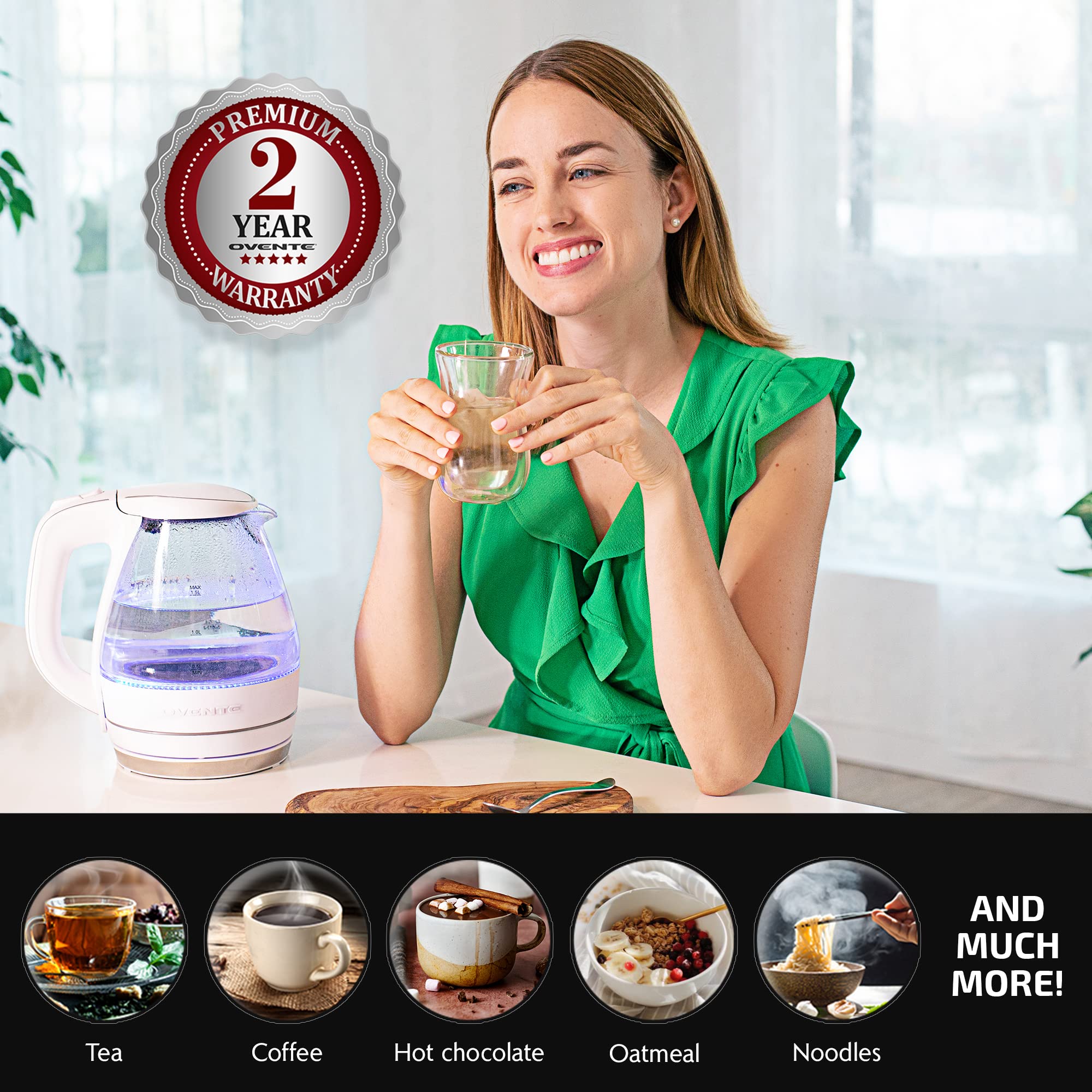 OVENTE KG83W borosilicate glass with stainless steel for lasting durability.