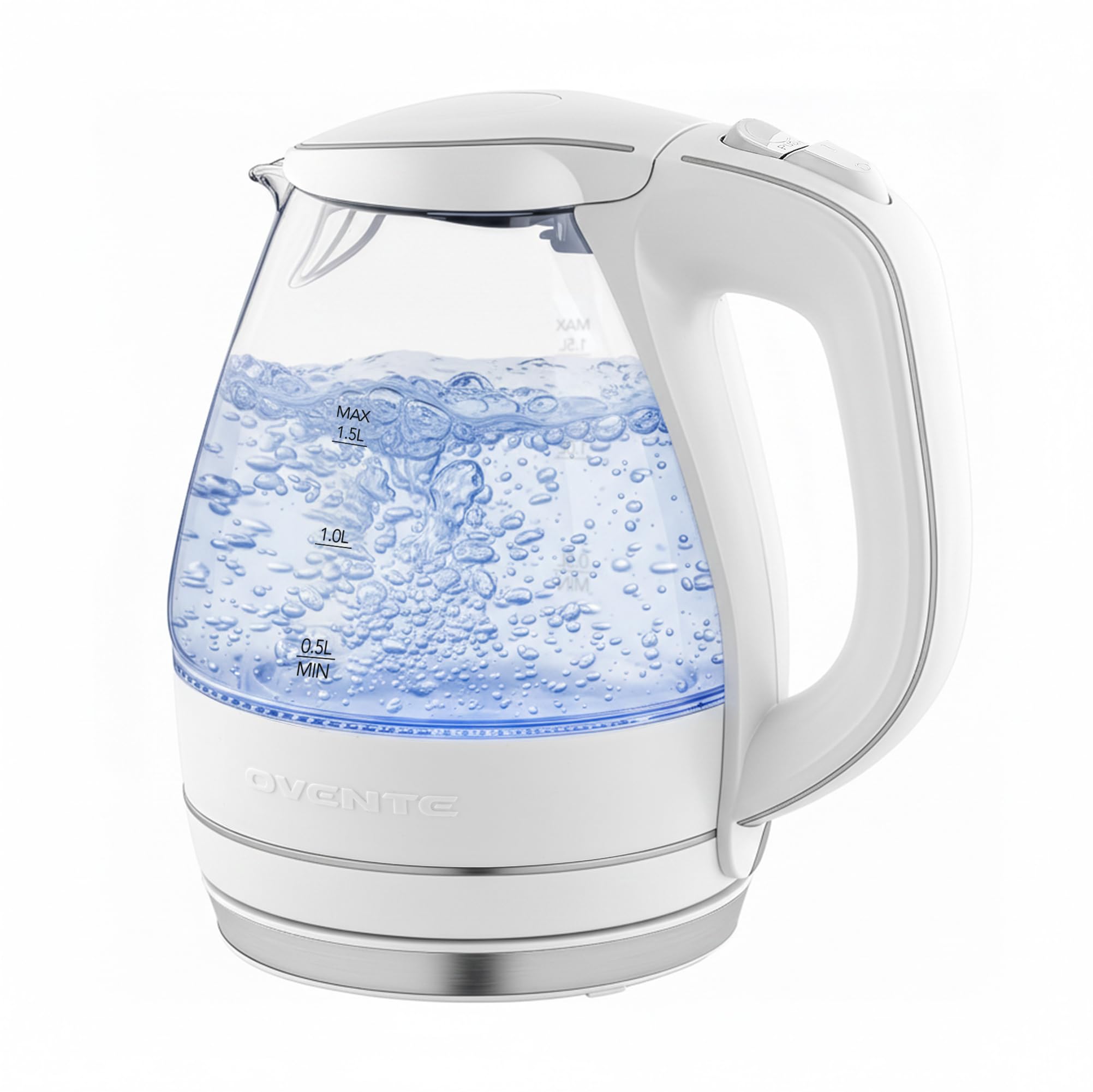 OVENTE KG83W glass kettle with blue LED halo for fast hot water.