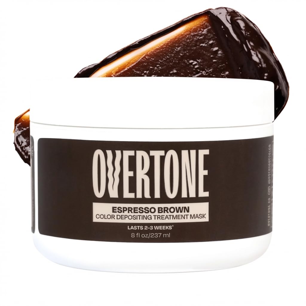 overtone Espresso Brown bottle pouring color onto hair for even deposit